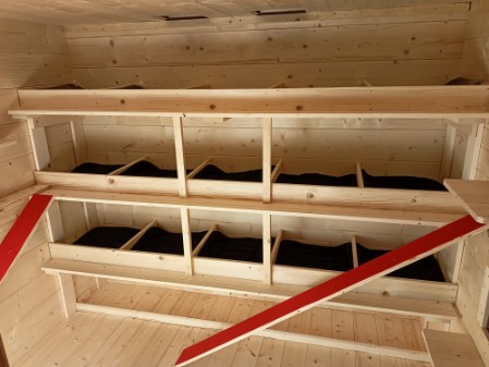 letti a castello per gatti immagine letti a castello per gatti composti da scaffalatura in legno con singoli moderati separatori all'interno dei quali trova posto singoli cuscini termici riscaldati a 9 volt. addossata alla parete una rampa di risalita ricoperta da moquette rossa.